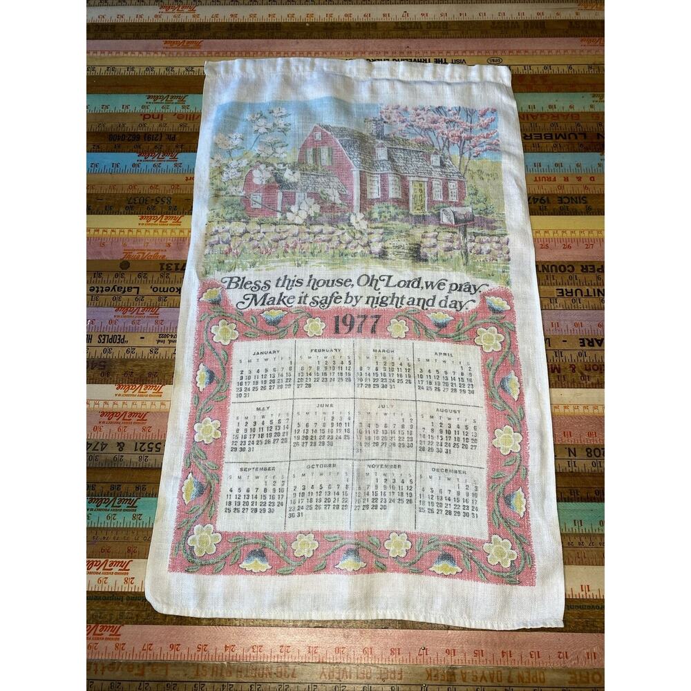 1977 Vintage Tea Towel Calendar Bless This House Prayer Kitchen LINEN Wall Decor